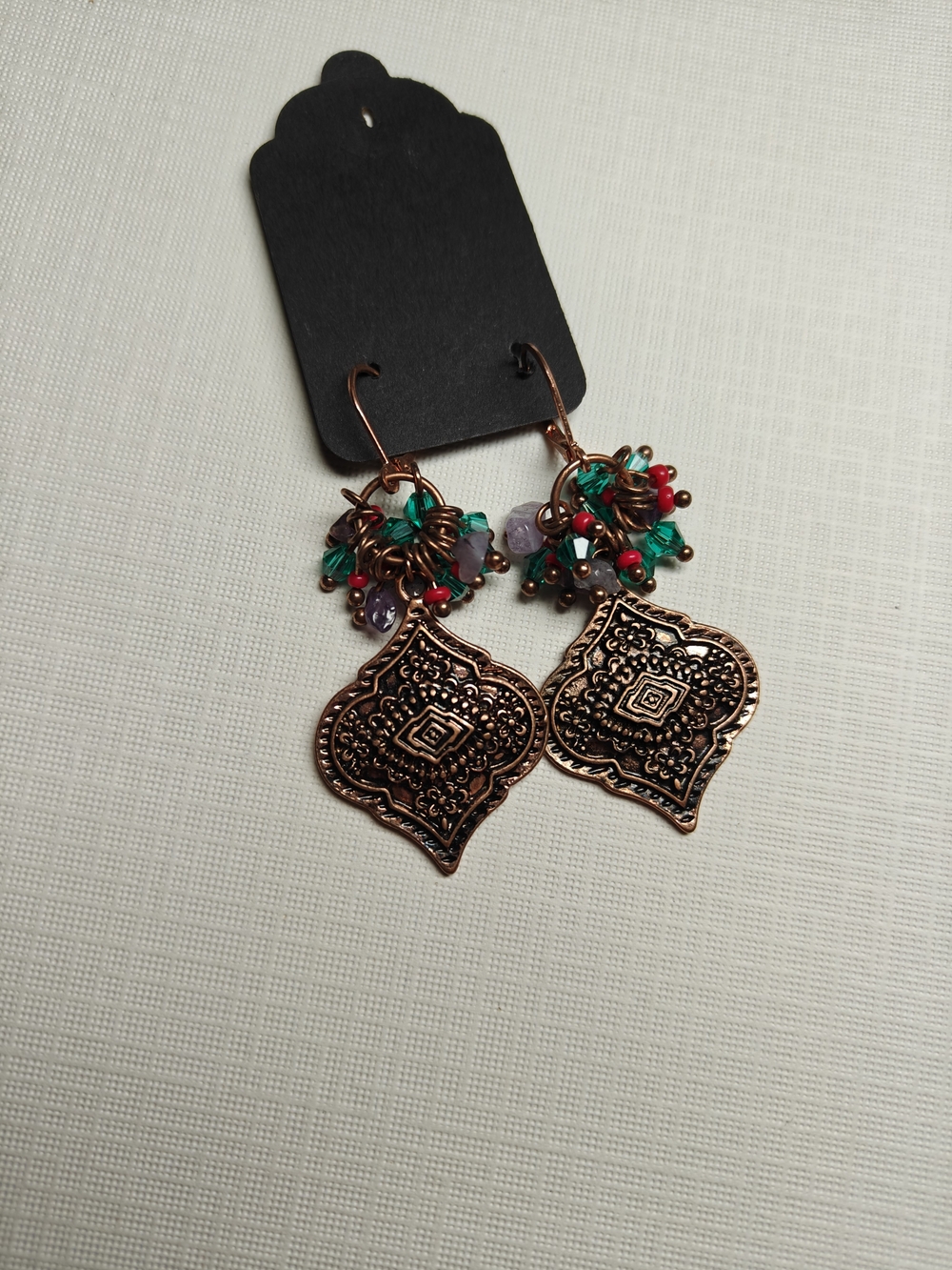 Hand Crafted Copper Filigree Earrings with Green and Red Beads NWOT